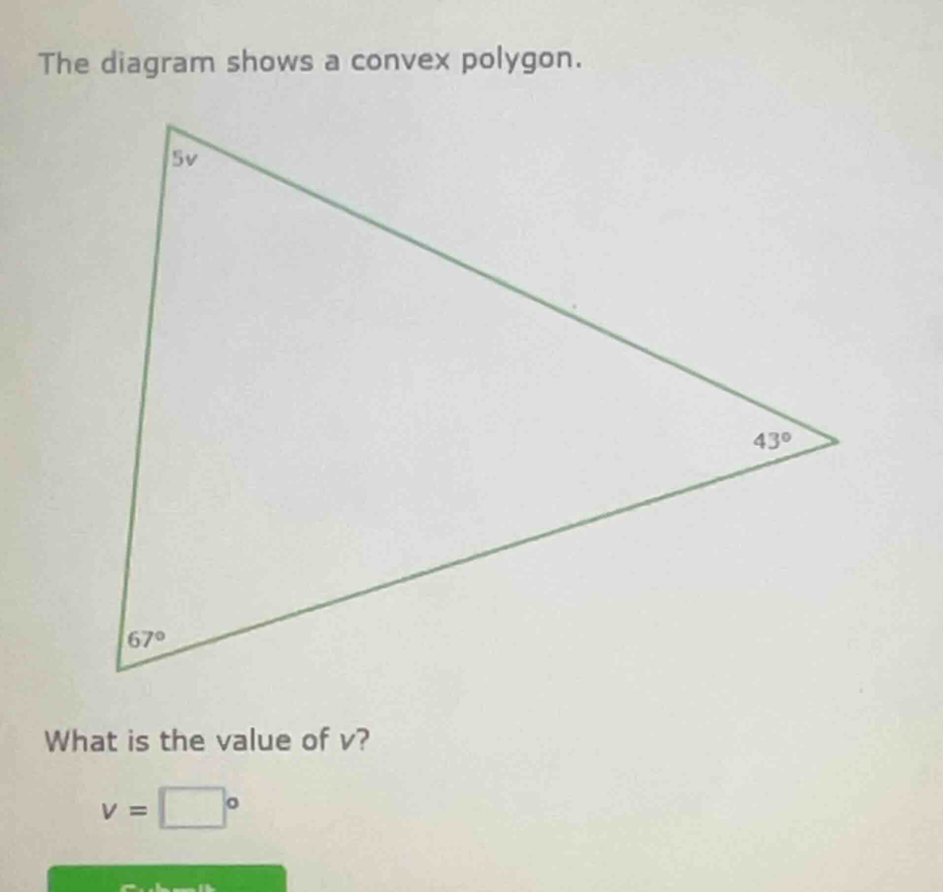 the diagram shows a convex polygon. what is the value of (v)? (v = \\sq…