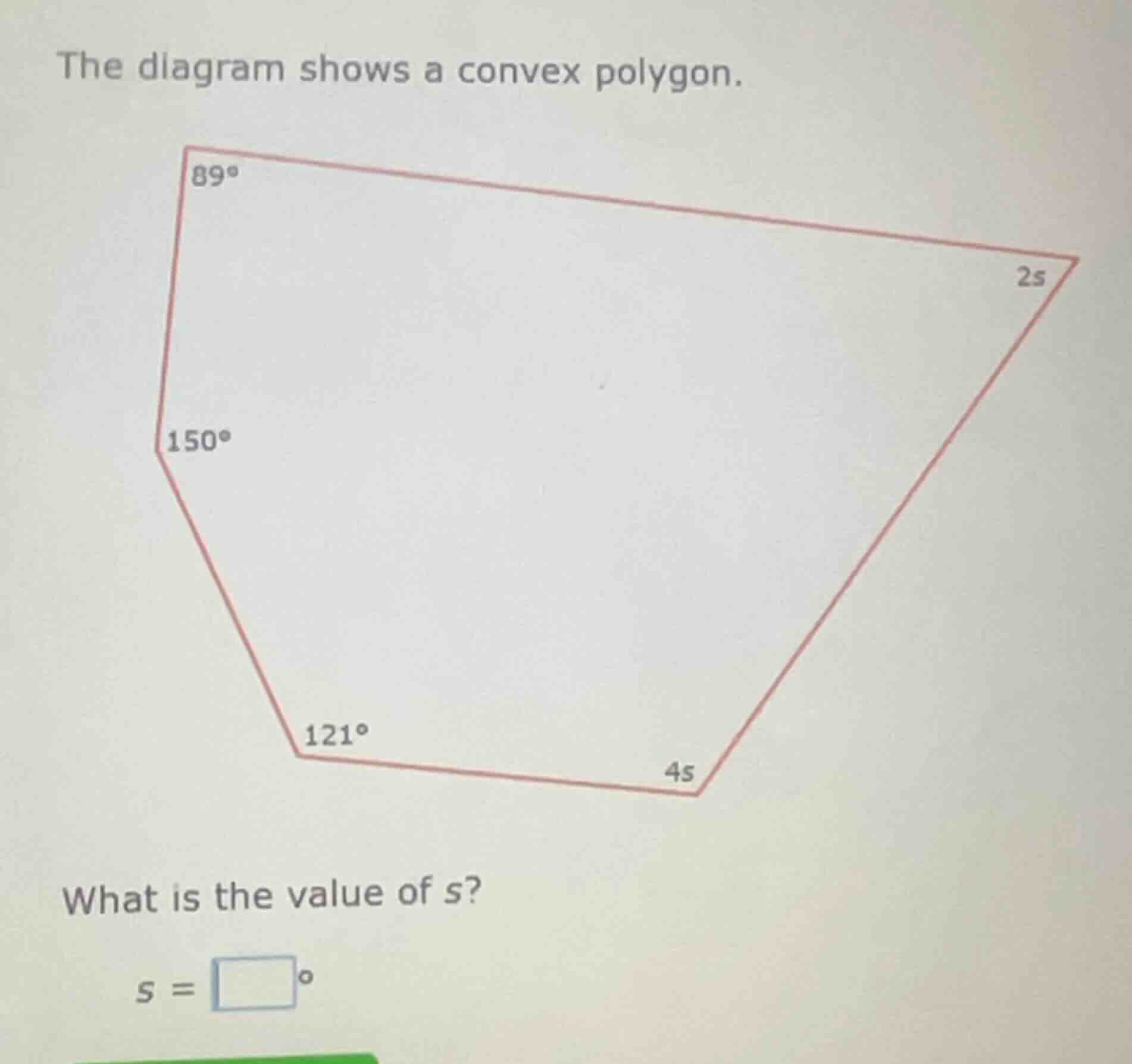 the diagram shows a convex polygon. what is the value of (s)? (s = \\sq…