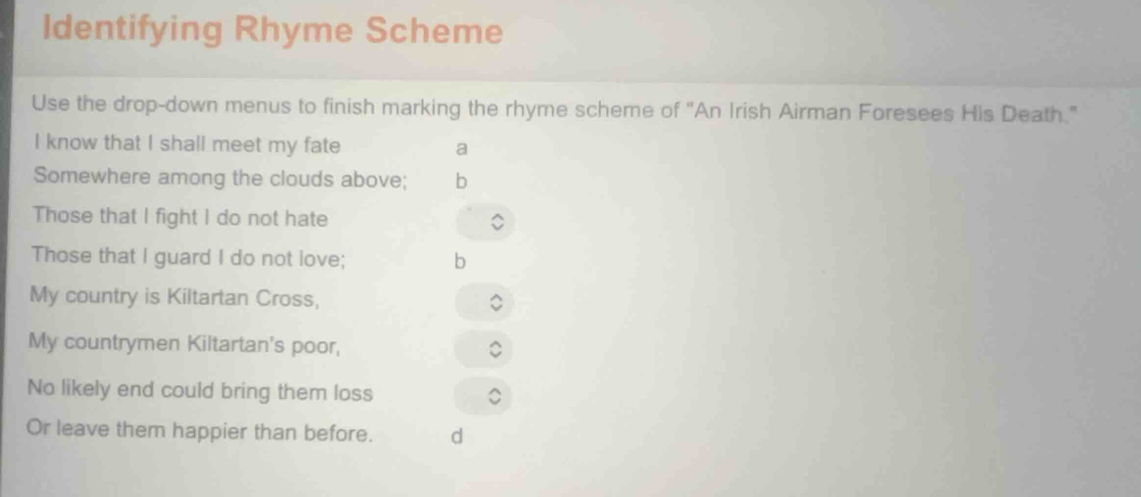 identifying rhyme scheme use the drop-down menus to finish marking the …