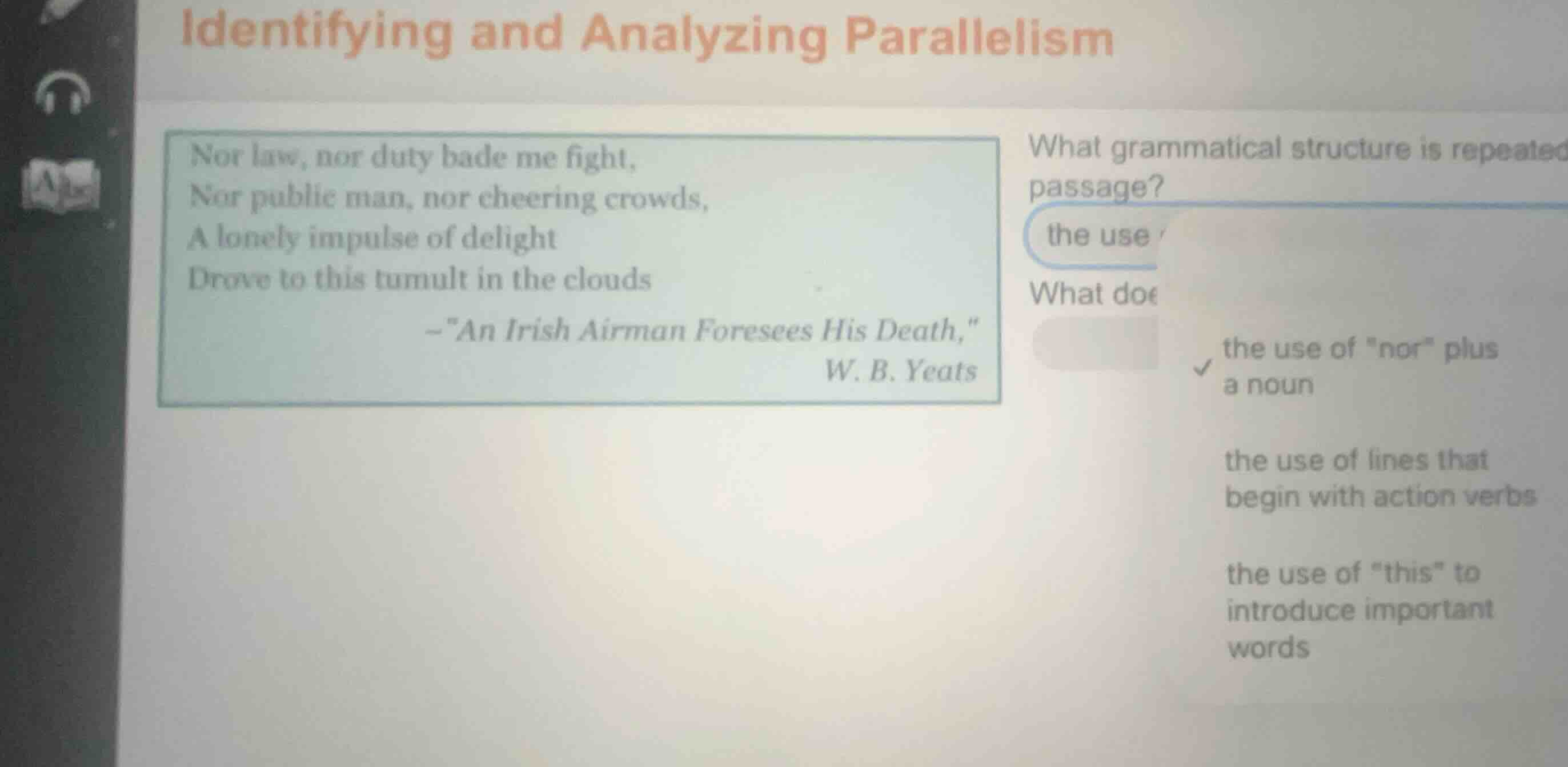 identifying and analyzing parallelism nor law, nor duty bade me fight, …