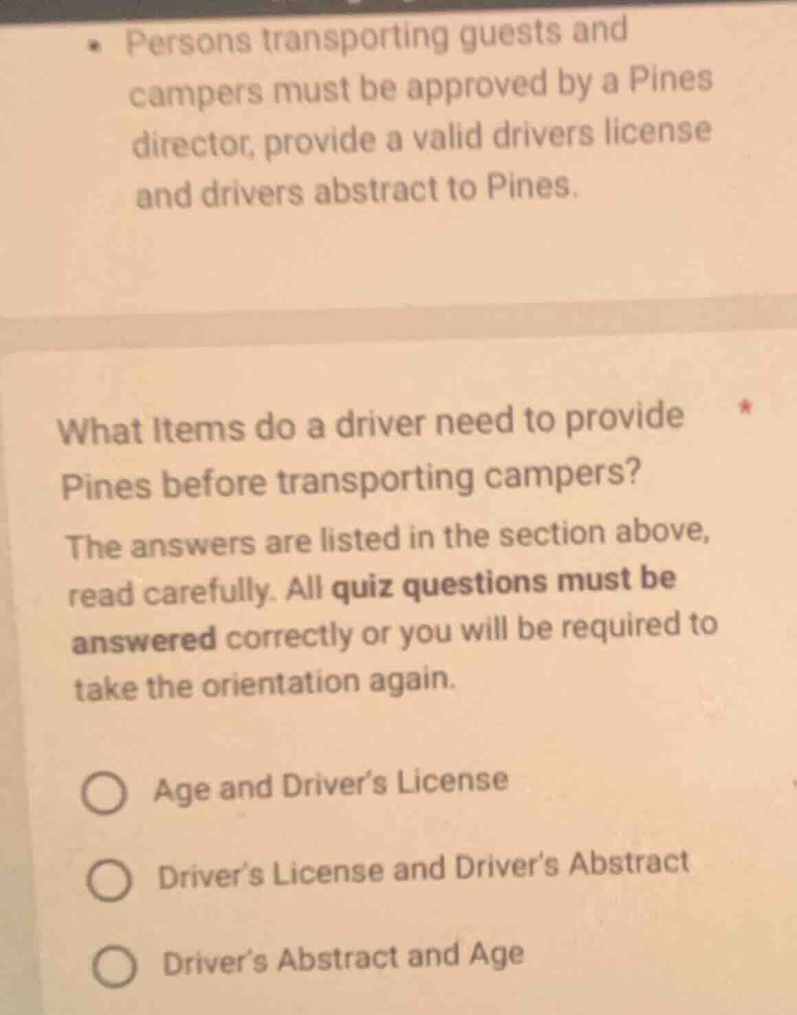 persons transporting guests and campers must be approved by a pines dir…