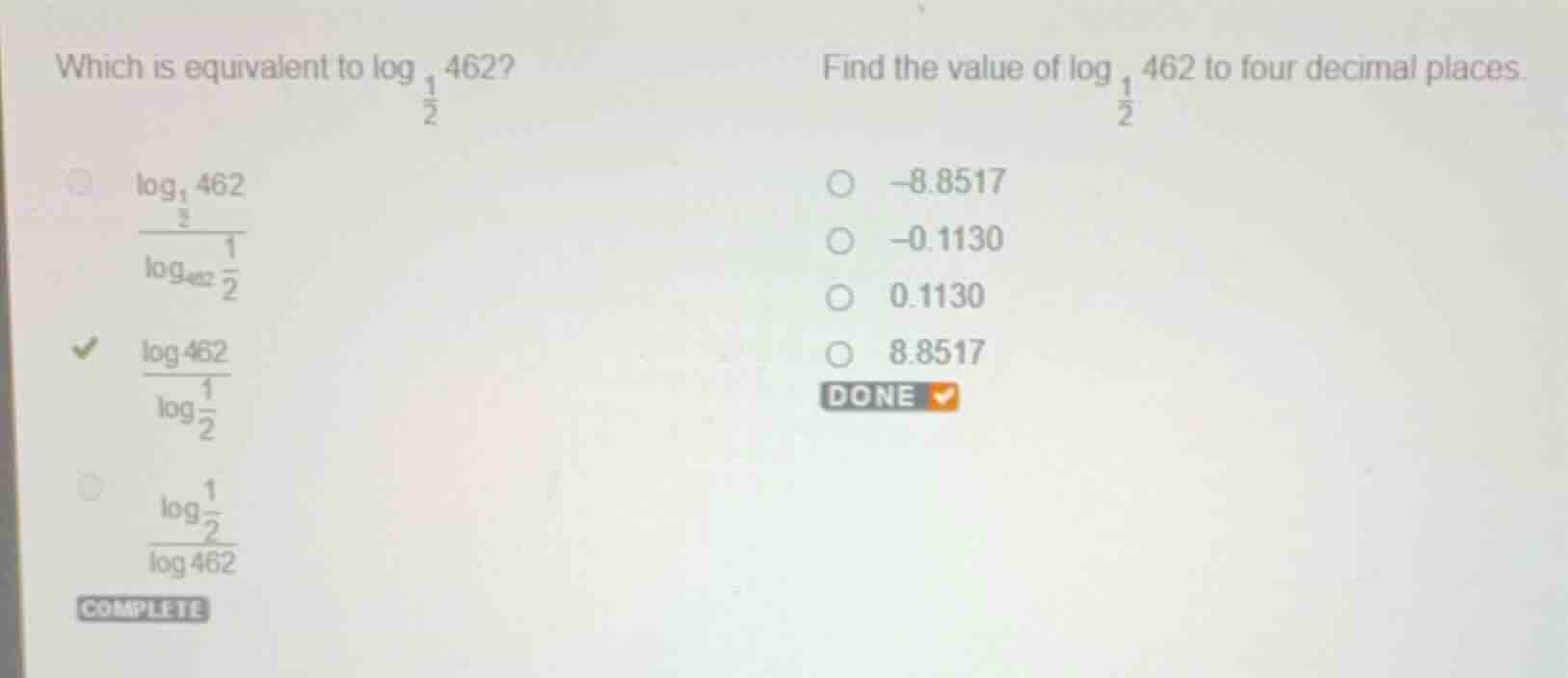 which is equivalent to \\(\\log_{\\frac{1}{2}} 462\\)? * \\(\\frac{\\lo…