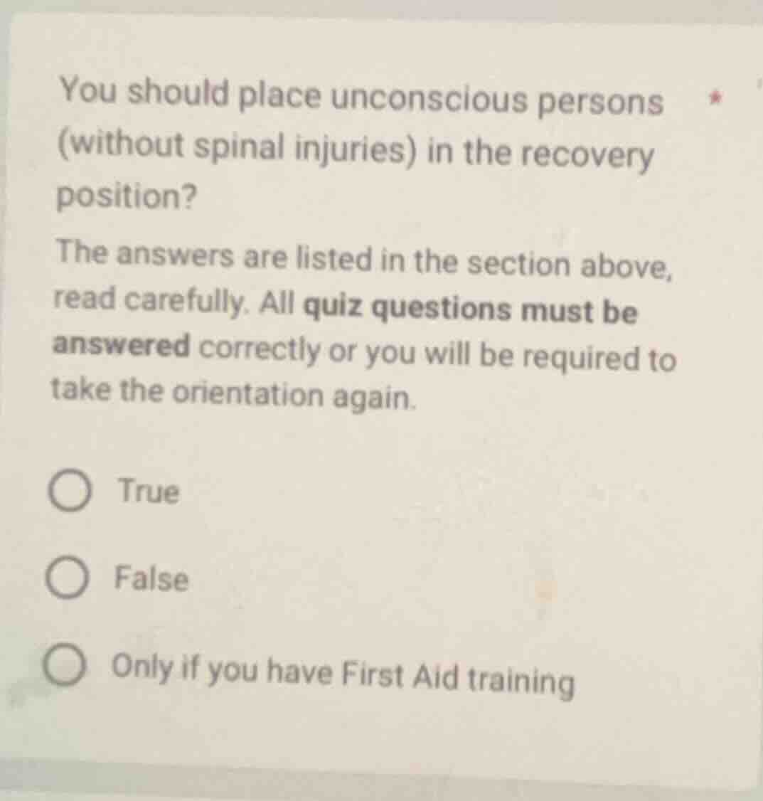 you should place unconscious persons * (without spinal injuries) in the…