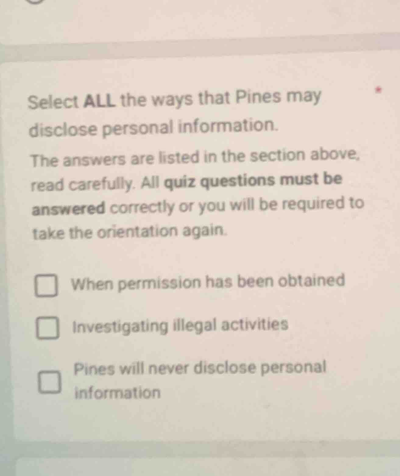 select all the ways that pines may disclose personal information. the a…