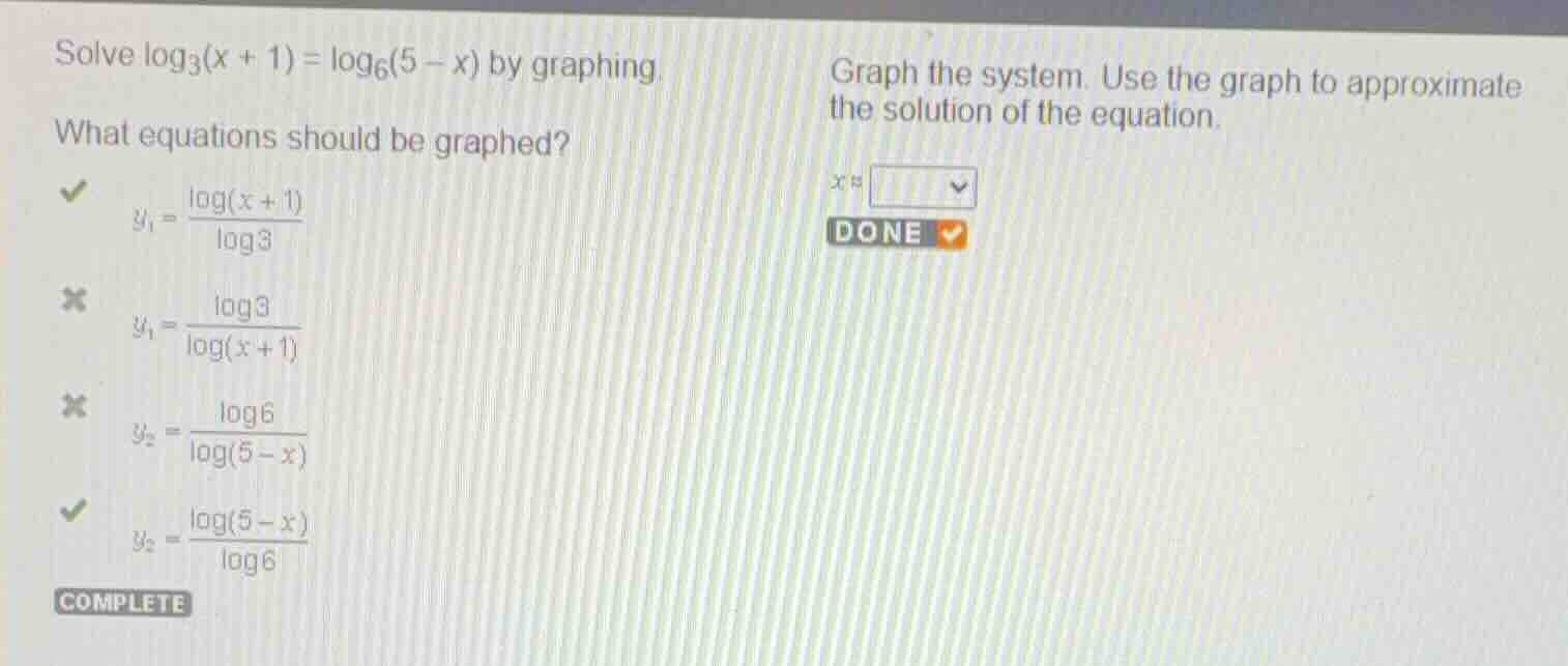 solve \\(\\log_3(x + 1) = \\log_6(5 - x)\\) by graphing. what equations…
