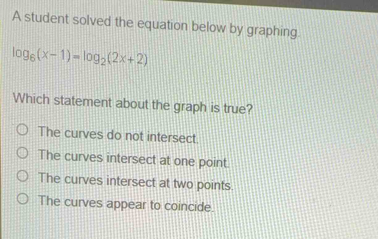 a student solved the equation below by graphing. \\(\\log_{6}(x-1) = \\…