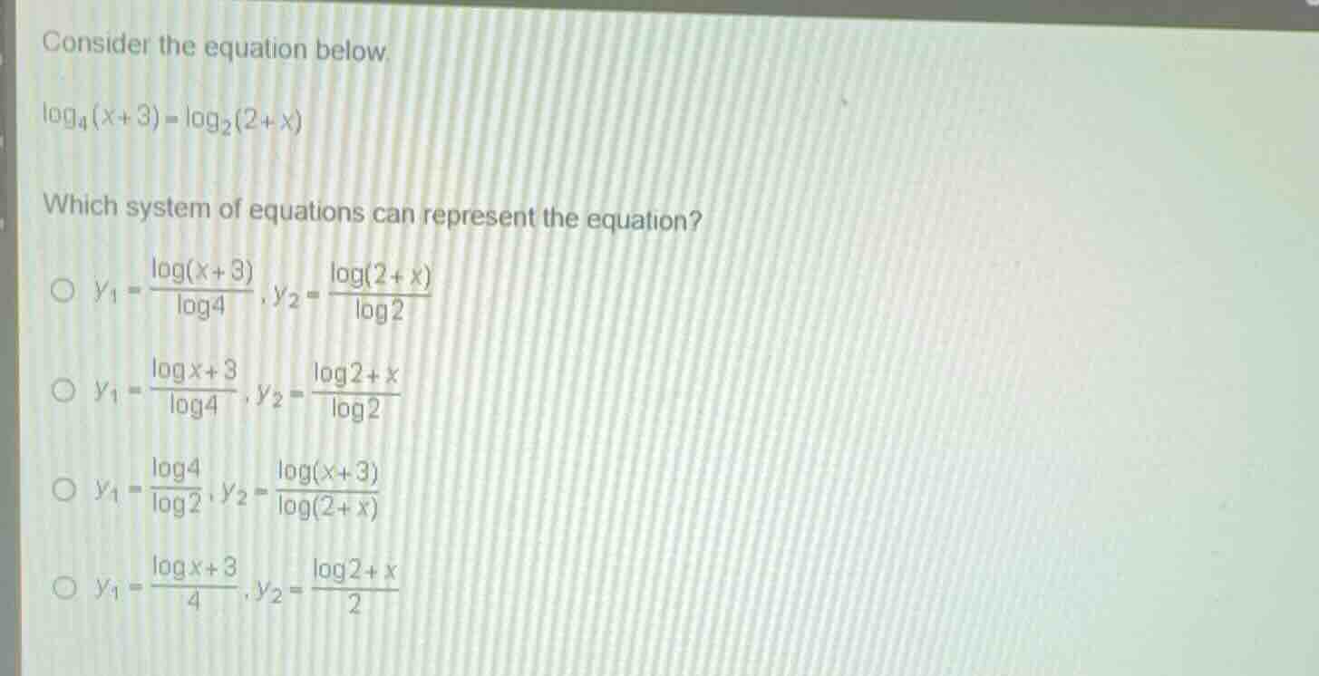 consider the equation below. \\\\log_{4}(x+3) = \\log_{2}(2+x)\\ which …