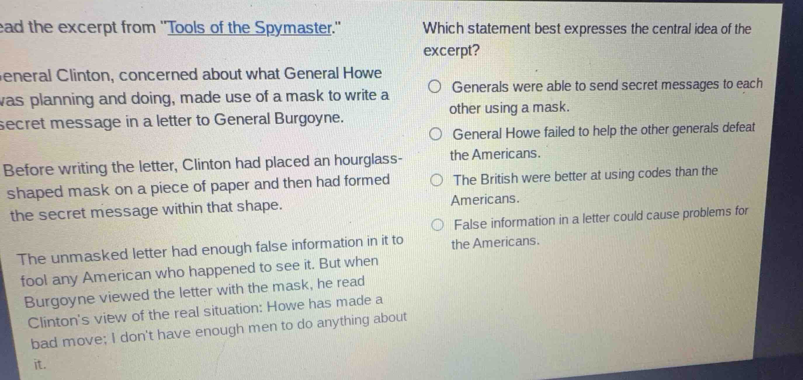 read the excerpt from \tools of the spymaster.\ general clinton, concer…