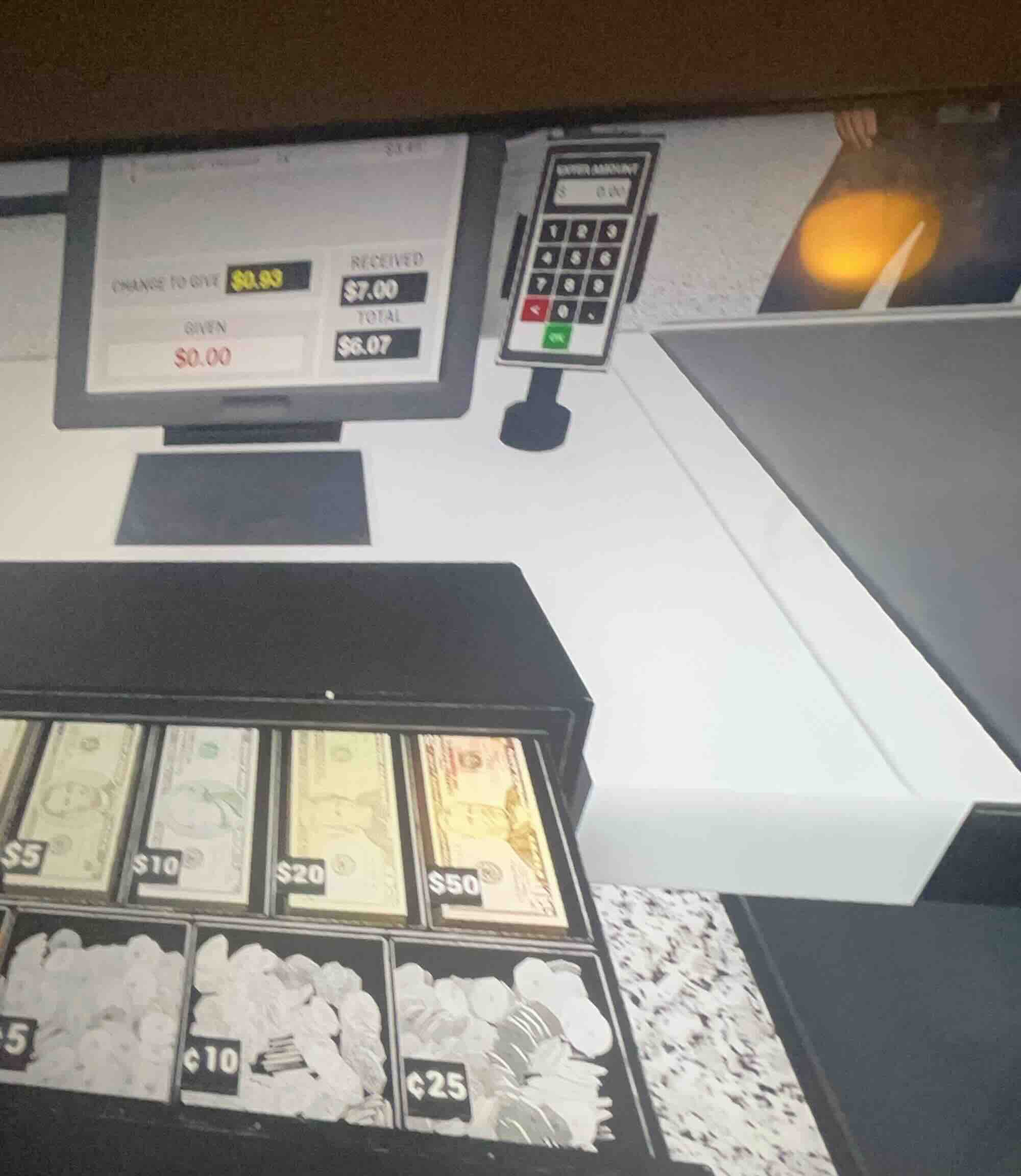 change to give: $0.93 given: $0.00 received: $7.00 total: $6.07