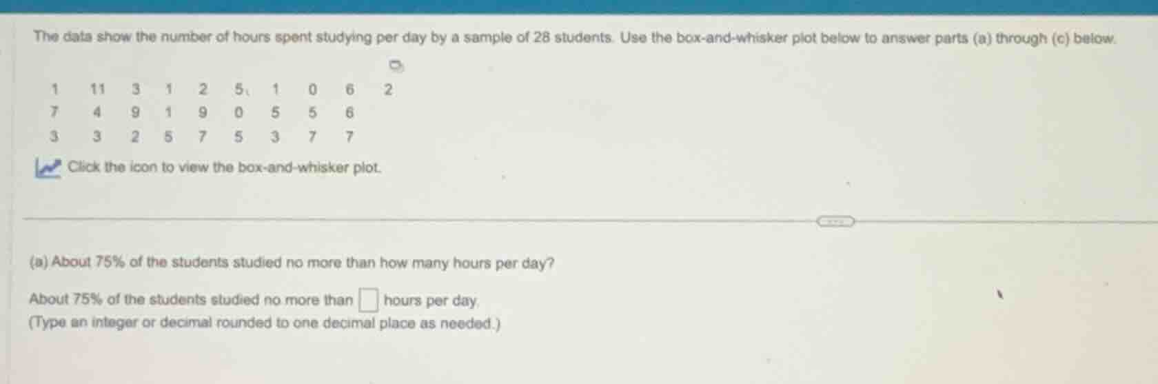 the data show the number of hours spent studying per day by a sample of…