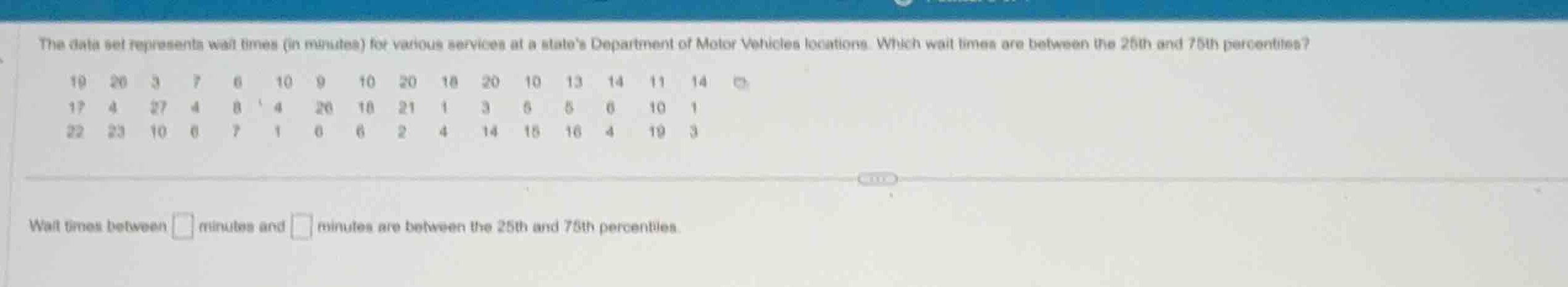 the data set represents wait times (in minutes) for various services at…