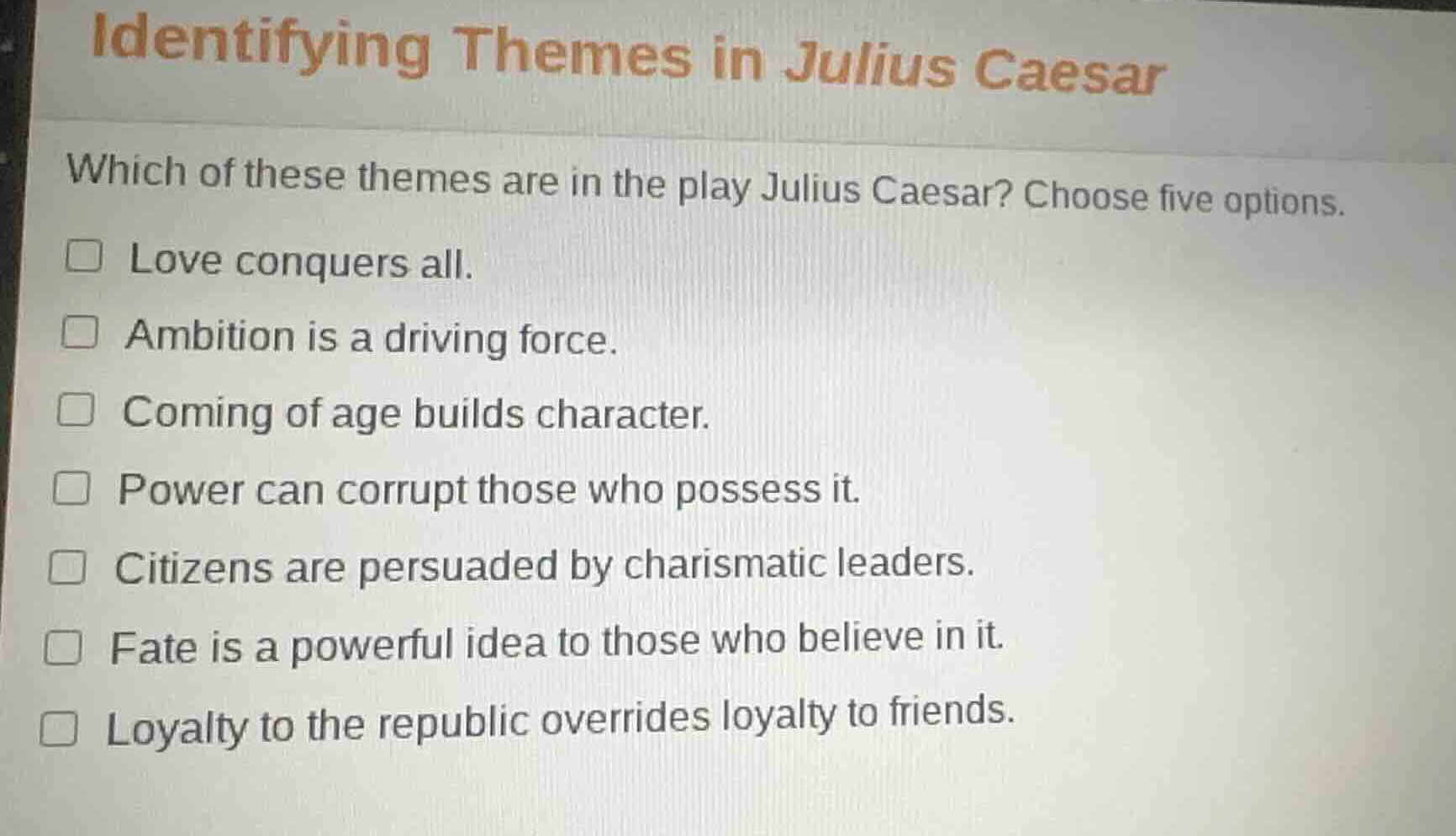identifying themes in julius caesar which of these themes are in the pl…