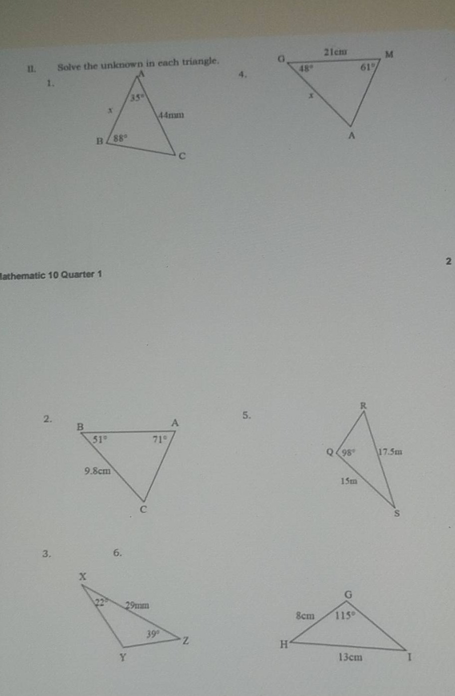 ii. solve the unknown in each triangle. 1. in triangle abc, angle a = 3…