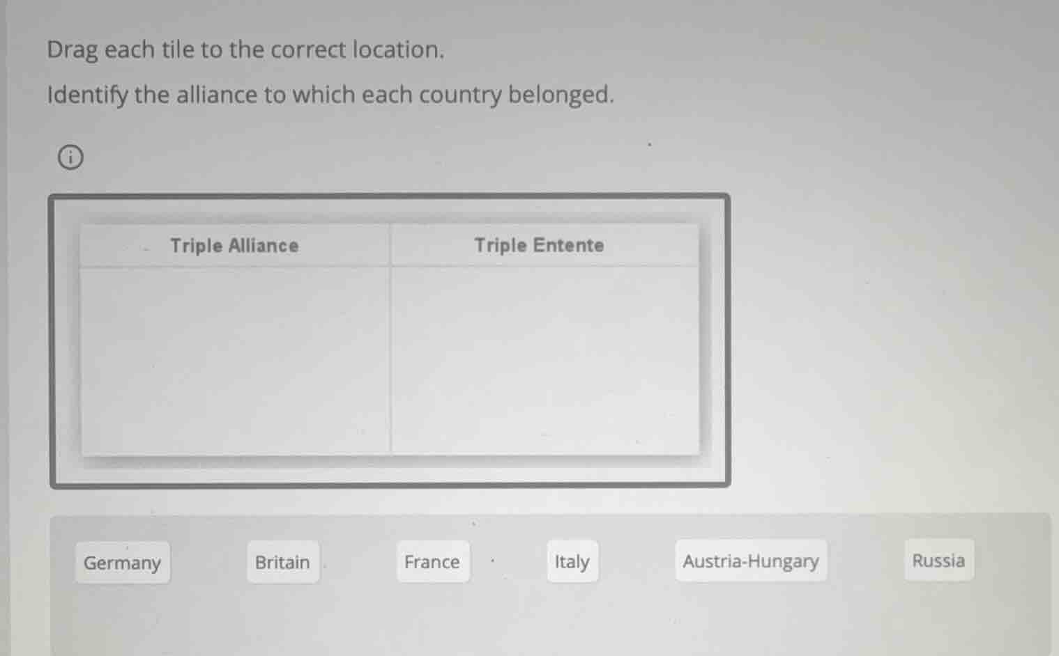 drag each tile to the correct location. identify the alliance to which …