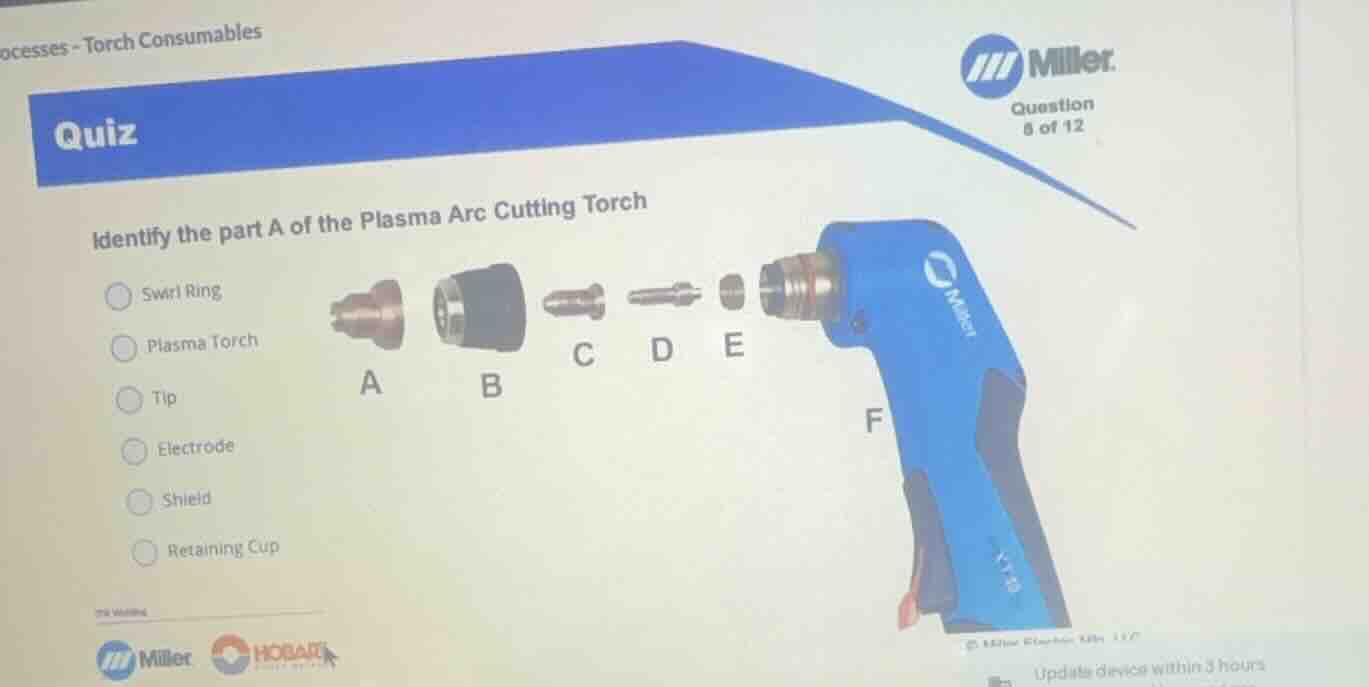 quiz identify the part a of the plasma arc cutting torch swirl ring pla…