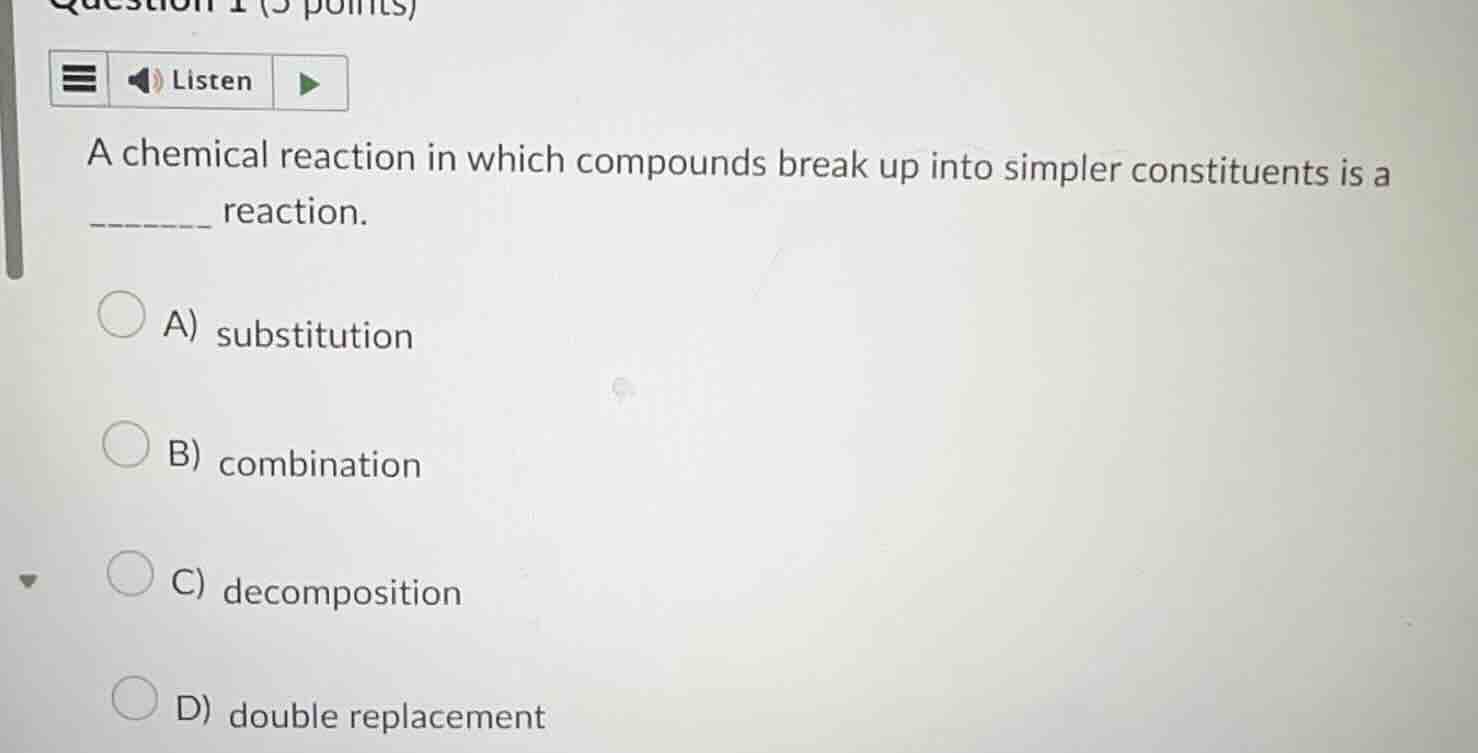 a chemical reaction in which compounds break up into simpler constituen…