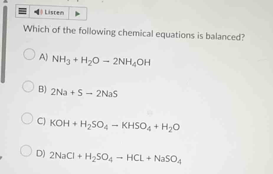 which of the following chemical equations is balanced? a) \\(\\text{nh}…