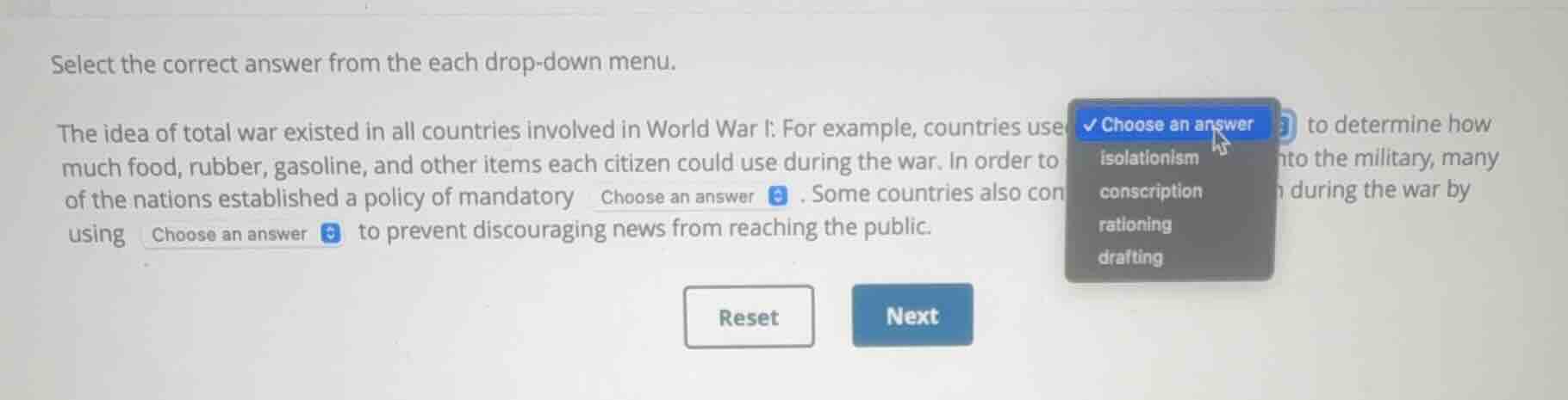 select the correct answer from the each drop-down menu. the idea of tot…