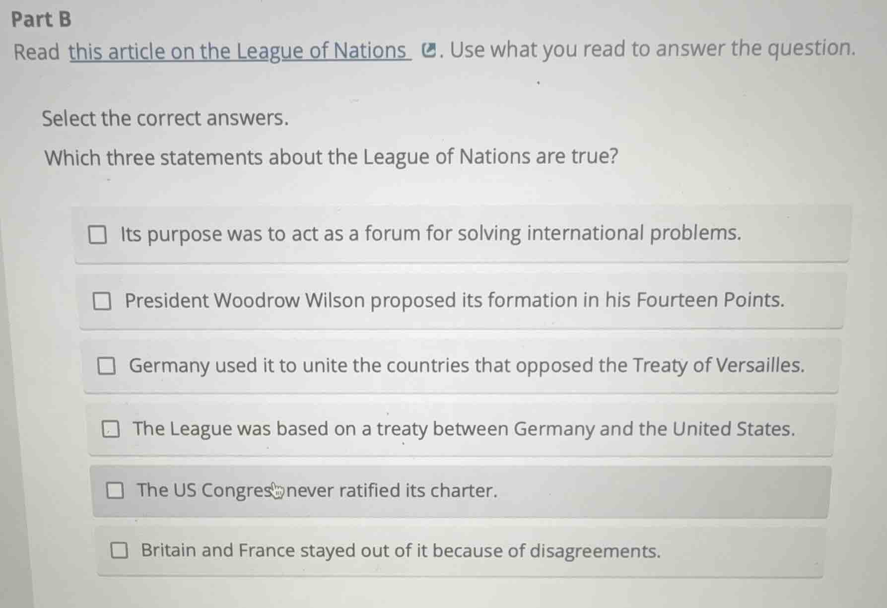 part b read this article on the league of nations. use what you read to…