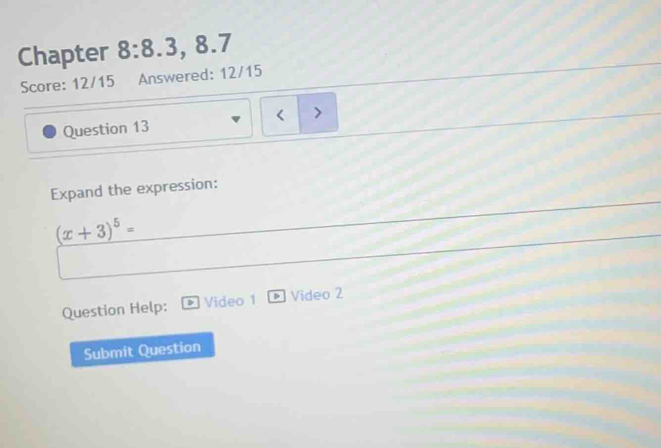 expand the expression: \\((x + 3)^5 =\\)