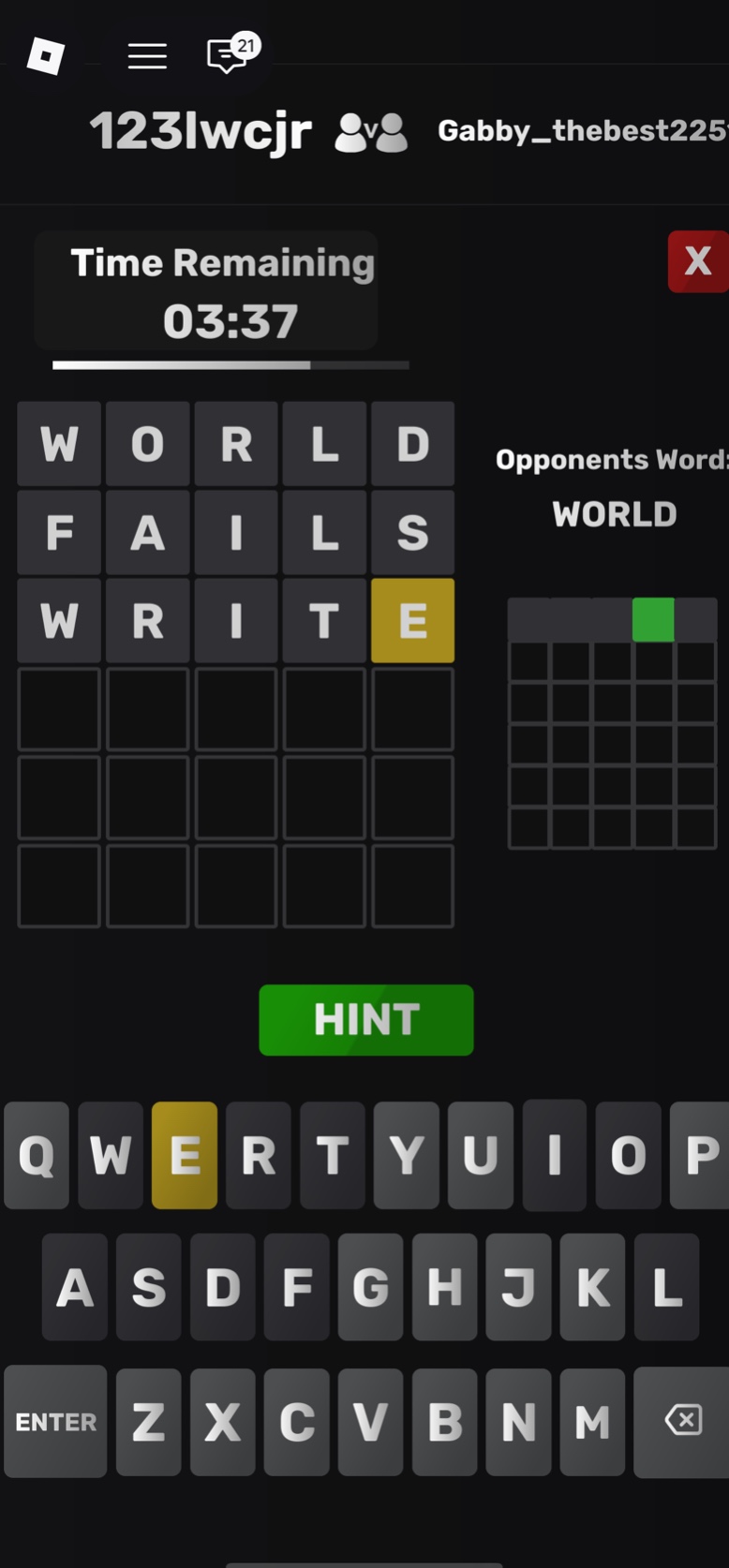 time remaining 03:37 world fails write opponents word: world