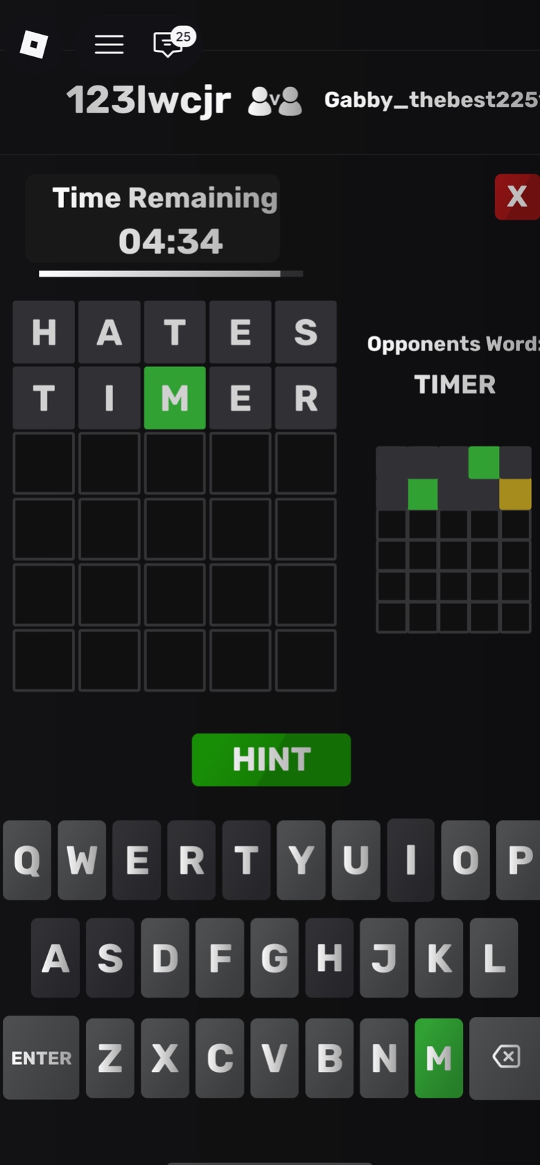 time remaining 04:34 h a t e s t i m e r opponents word: timer