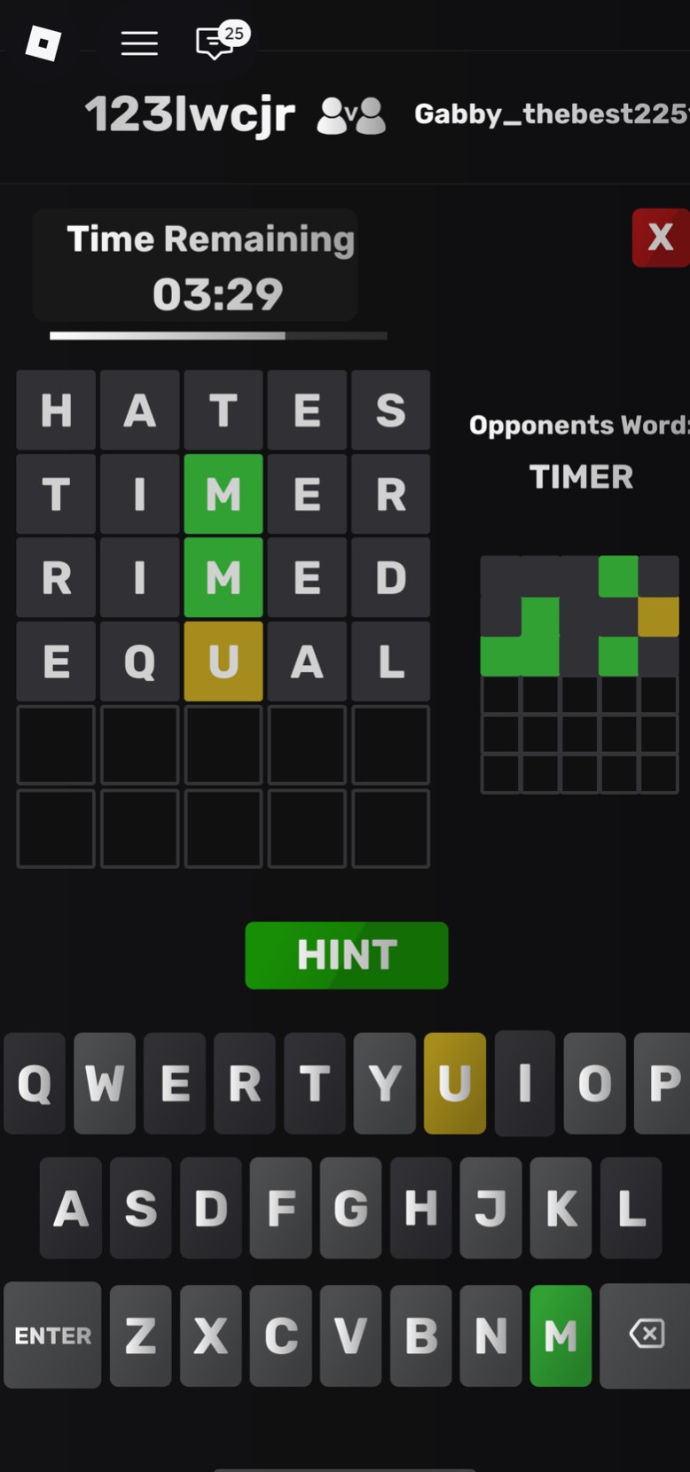 123lwcjr vs gabby_thebest225 time remaining 03:29 opponents word: timer…
