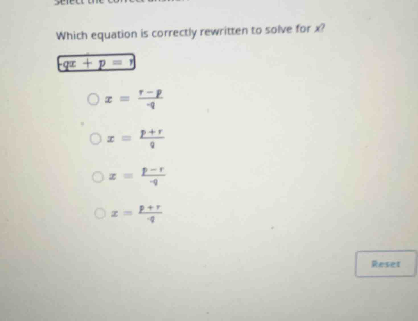 which equation is correctly rewritten to solve for \\(x\\)? \\qx + p = …