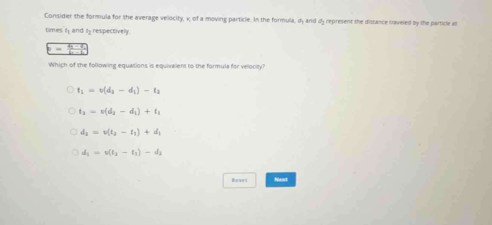 consider the formula for the average velocity, \\(v\\), of a moving par…