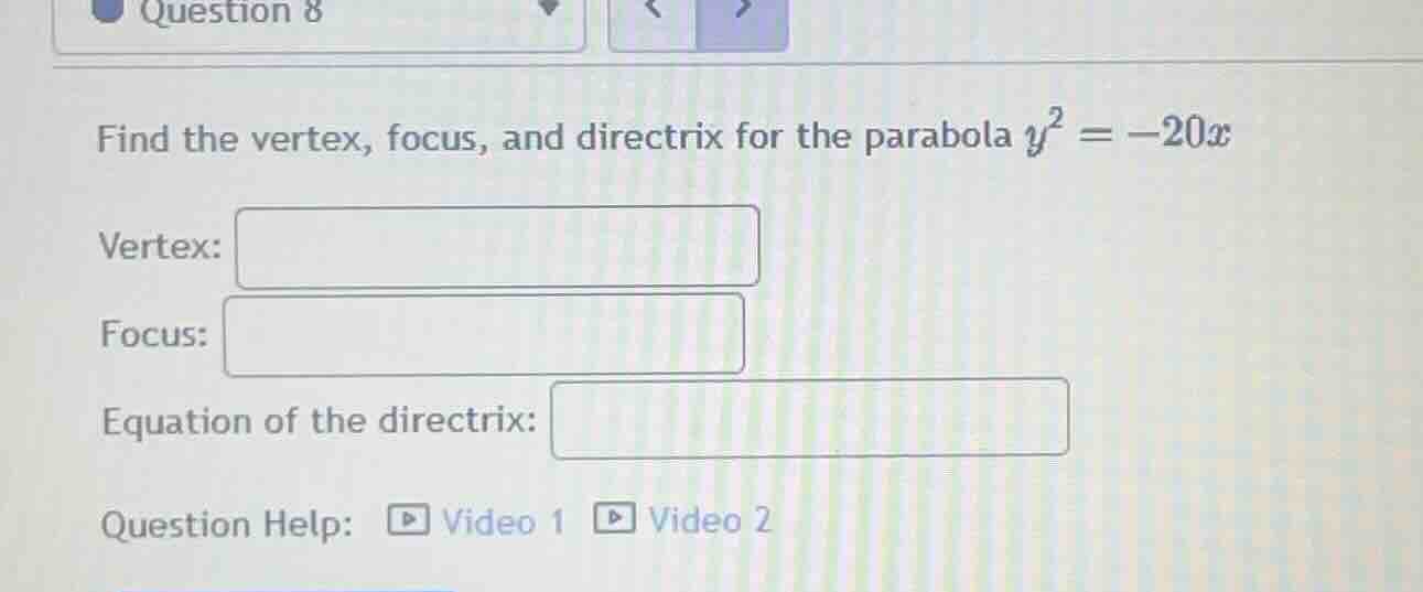 find the vertex, focus, and directrix for the parabola \\(y^2 = -20x\\)…