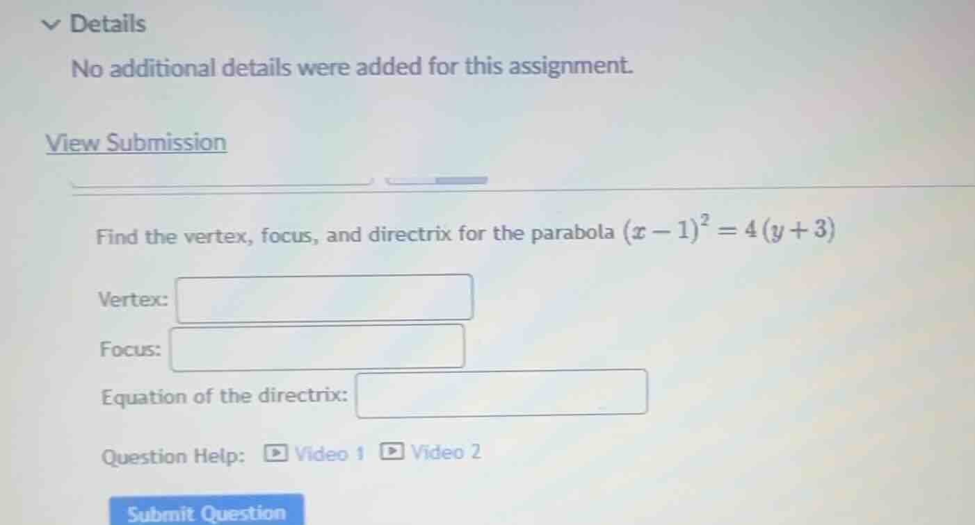 find the vertex, focus, and directrix for the parabola \\((x - 1)^2 = 4…