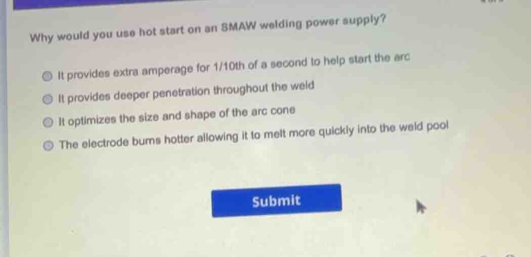 why would you use hot start on an smaw welding power supply? it provide…