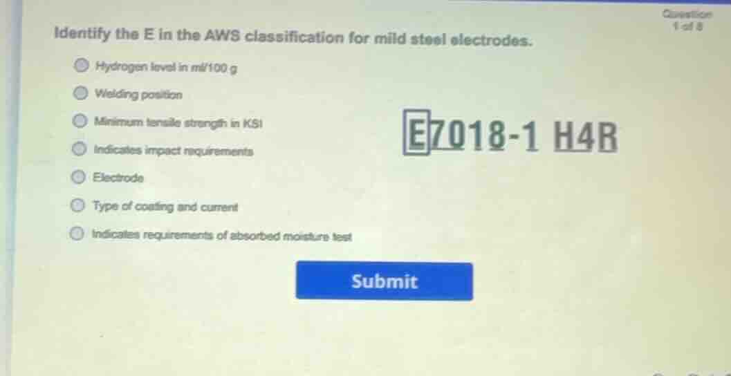 identify the e in the aws classification for mild steel electrodes. hyd…