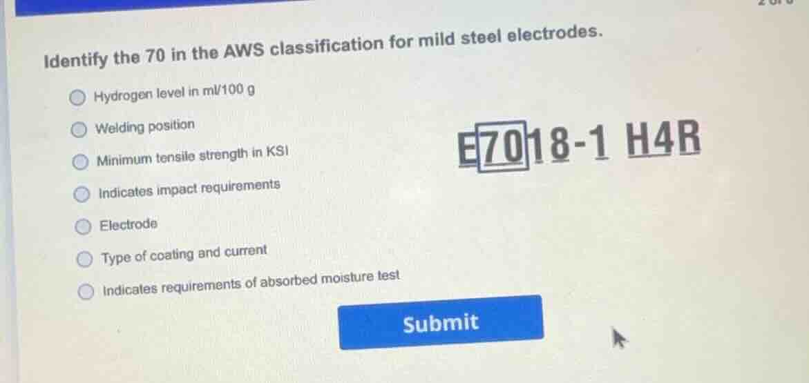 identify the 70 in the aws classification for mild steel electrodes. hy…