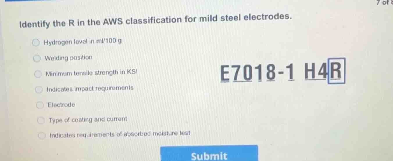 identify the r in the aws classification for mild steel electrodes. hyd…