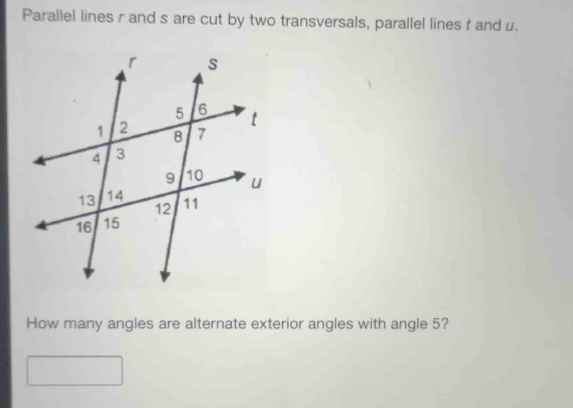 parallel lines r and s are cut by two transversals, parallel lines t an…