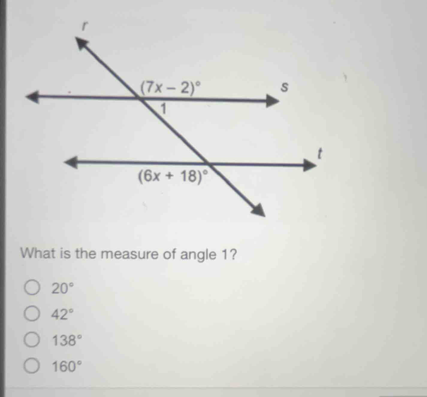what is the measure of angle 1? \\(20^\\circ\\) \\(42^\\circ\\) \\(138^…