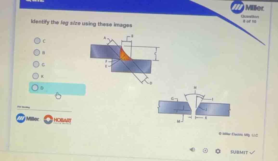 identify the leg size using these images c b g k d