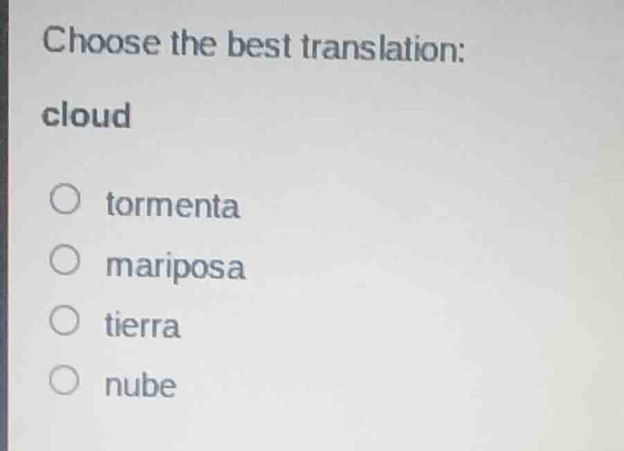 choose the best translation: cloud tormenta mariposa tierra nube