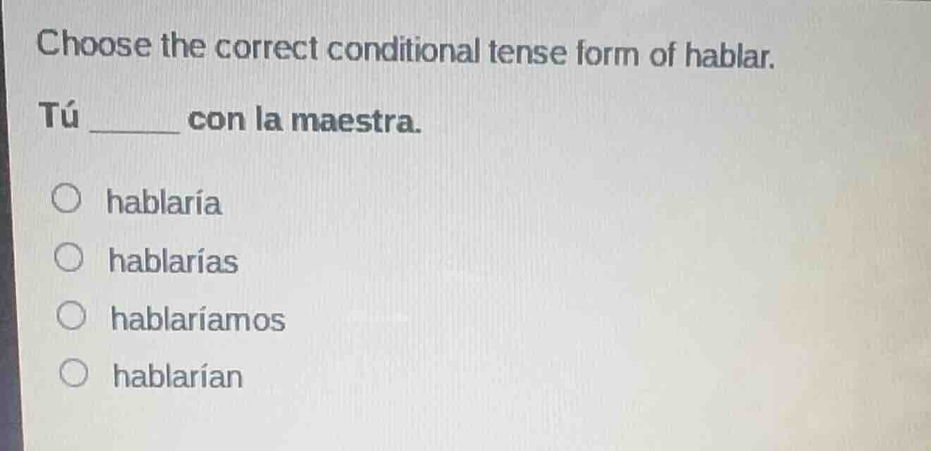 choose the correct conditional tense form of hablar. tú ______ con la m…