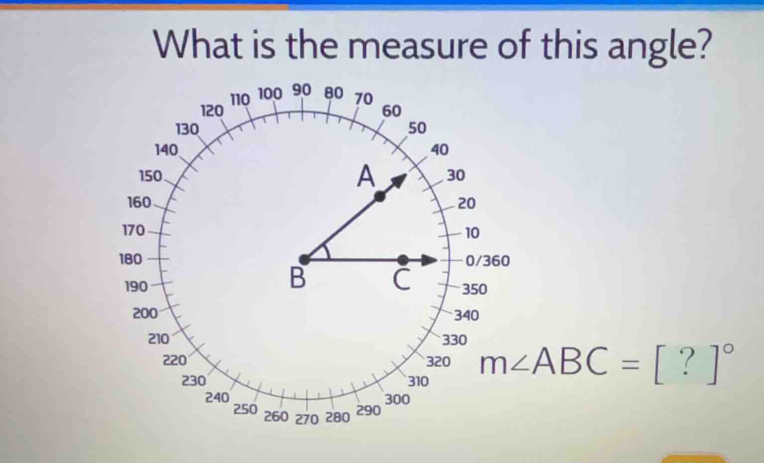 what is the measure of this angle? \\( m\\angle abc = ?^\\circ \\)