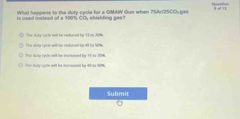 what happens to the duty cycle for a gmaw gun when \\(75\\text{ar}/25\\…