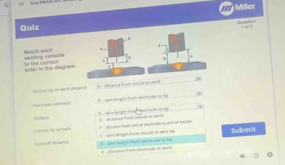 quiz question 1 of 3 match each welding variable to the correct letter …