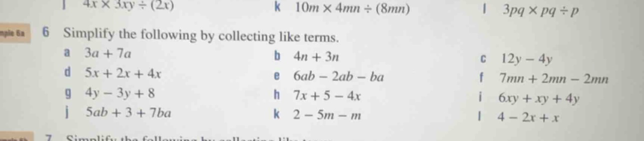 6 simplify the following by collecting like terms. a \\(3a + 7a\\) b \\…