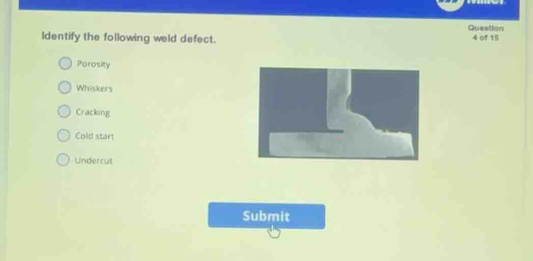identify the following weld defect. porosity whiskers cracking cold sta…