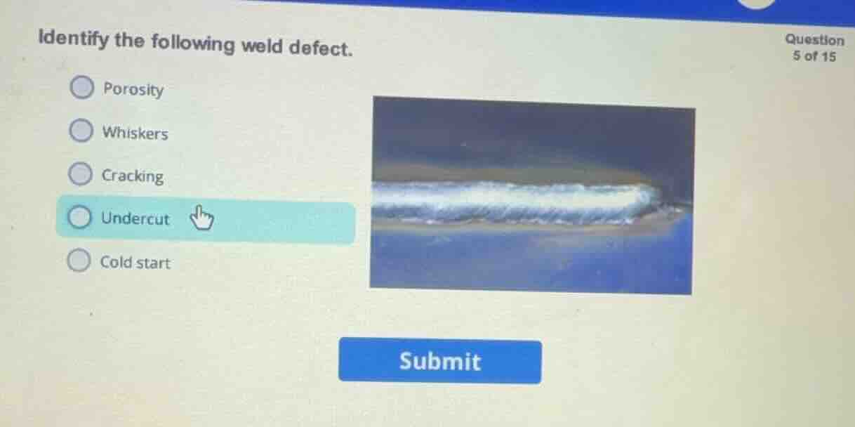 identify the following weld defect. porosity whiskers cracking undercut…