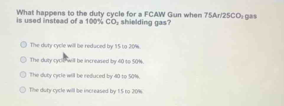 what happens to the duty cycle for a fcaw gun when \\(75\\text{ar}/25\\…