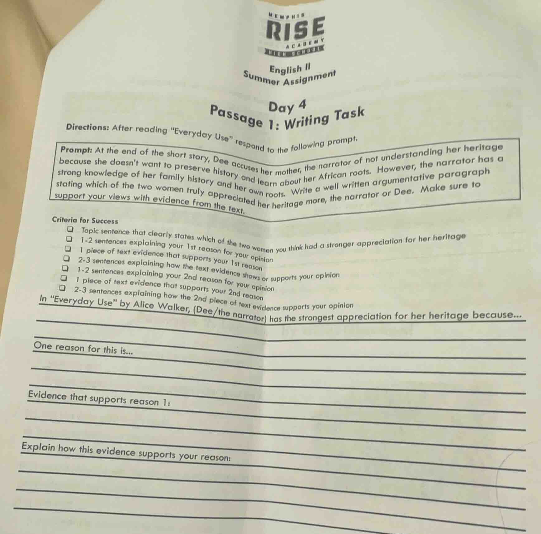 english ii summer assignment day 4 passage 1: writing task directions: …