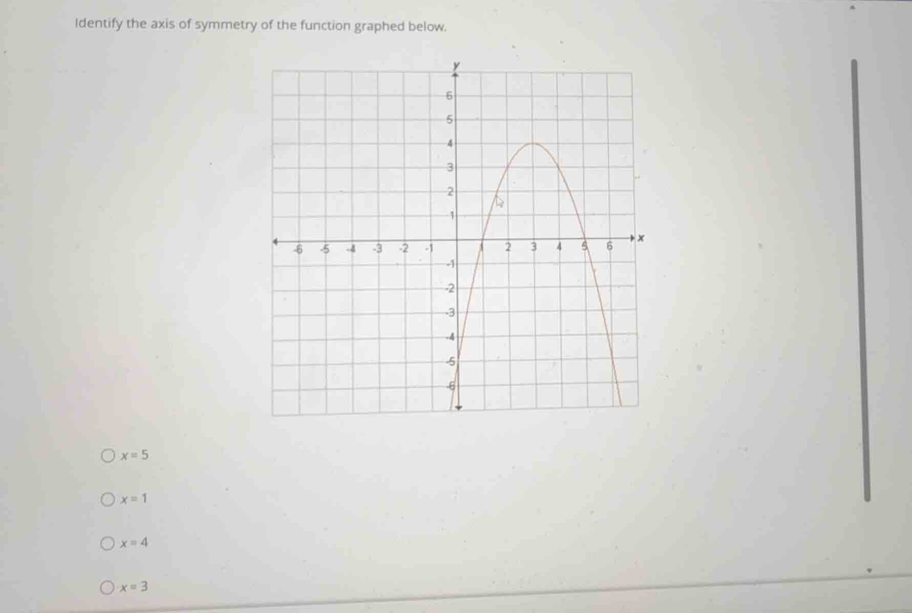 identify the axis of symmetry of the function graphed below. \\(x = 5\\…