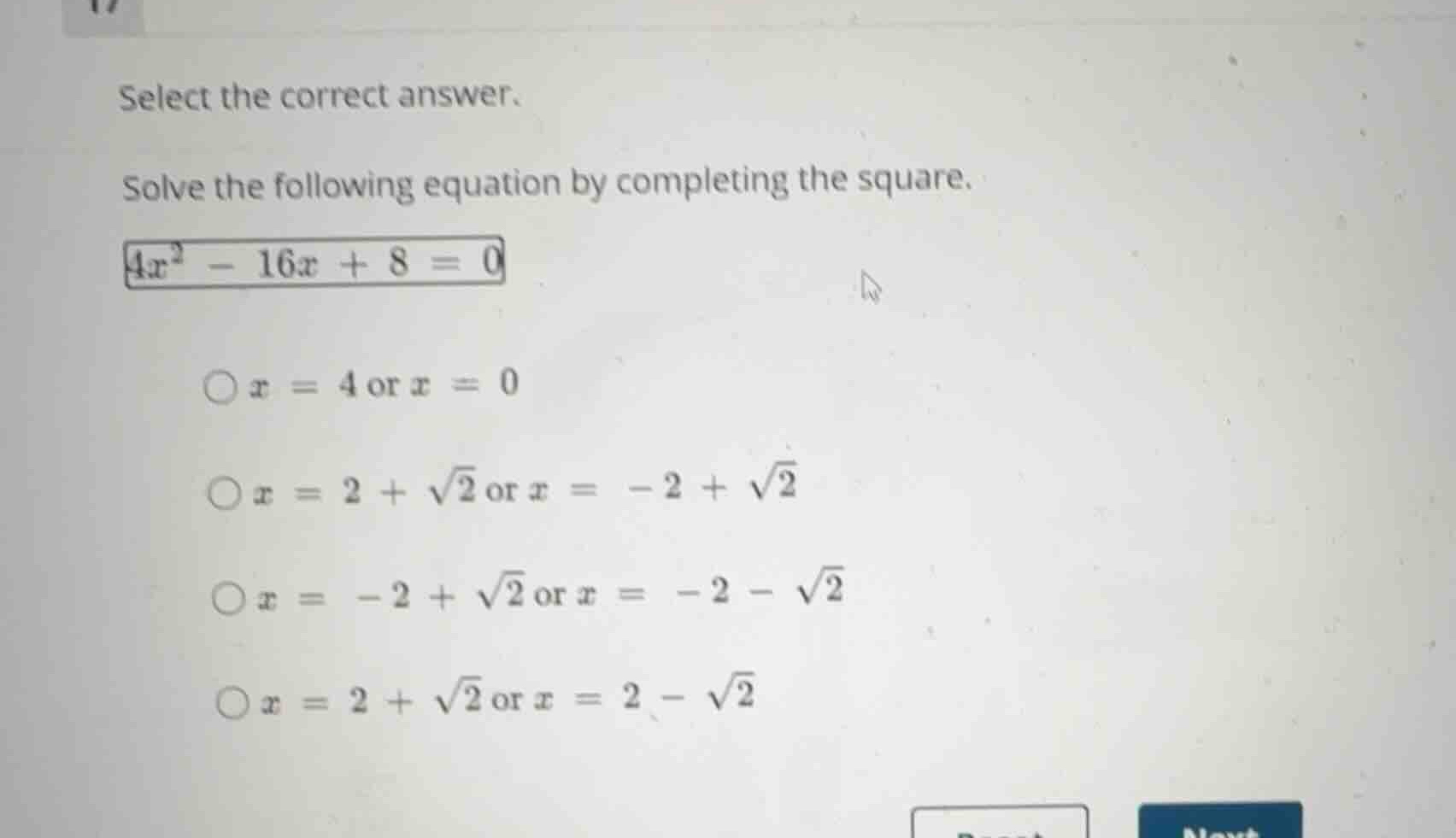 select the correct answer. solve the following equation by completing t…